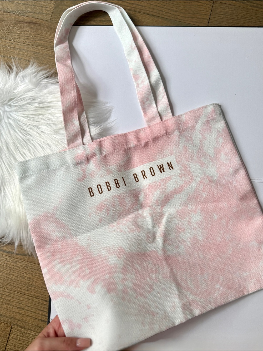 Bobbi Brown Pink & White Marble-Print Canvas Tote New